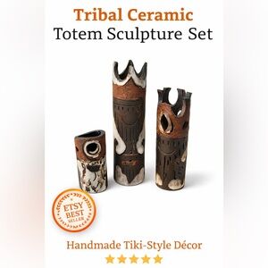 Set of three decorative ceramic tiki-style figures with unique facial features.